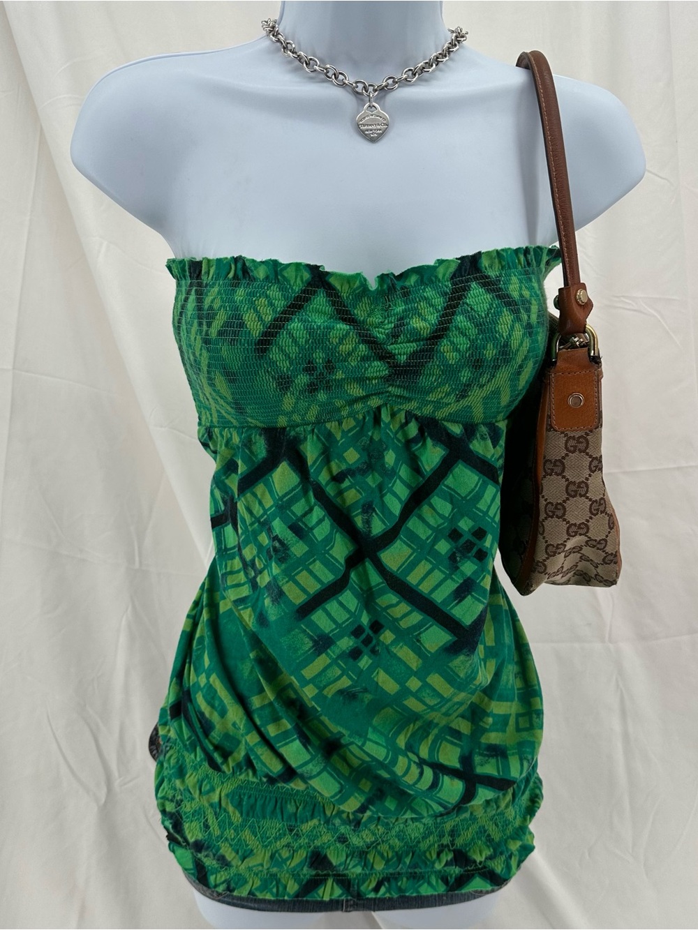 Babydoll Y2K Mudd Geometric Green Smocked Tube Top